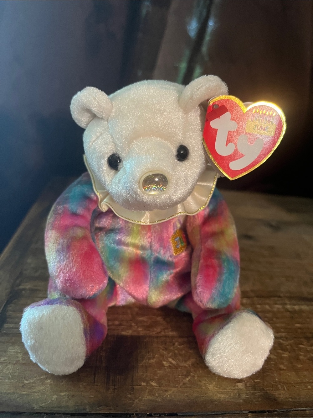 Ty June Birthday Beanie Baby “Pearl” Plush Bear with Rainbow Tie-Dye Body
